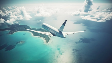 Tourist plane liner flies over a tropical sea city in the morning sun. Exotic travel. Header banner mockup with copy space. AI generated.の素材