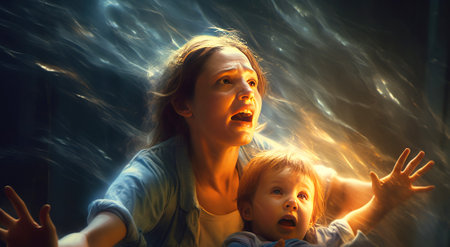 A strong, reliable woman, a mother, protects a frightened little child from threat, danger. Header banner mockup with copy space.の素材