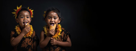 group of teenage children of island Asian race and gender sit in row in national clothes, black background isolate.の素材