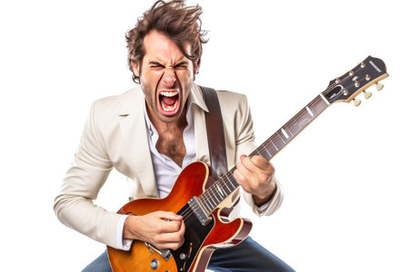 Close-up of an artist musician plays the guitar, sings loudly, screams emotionally excitedly, white background isolate. Header banner mockup with copy space.の素材