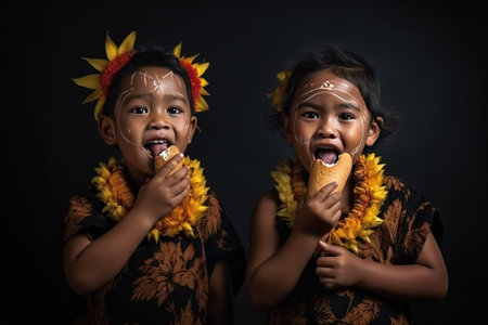 group of teenage children of island Asian race and gender sit in row in national clothes, black background isolate.の素材