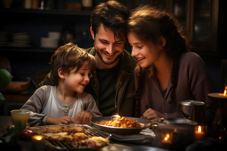 Friendly happy family, father mother, children having fun, laughing. Family happiness, traditional values.の素材