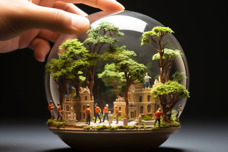 Miniature eco system with toy people, saving nature in a symbolic settlement. Header banner mockup with copy space.の素材