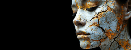 Kintsuki, Japanese ceramic head glued with gold. Concept of not constancy, imperfection of world. Close-up, dark background. Header banner mockup with copy space. AI generated.の素材