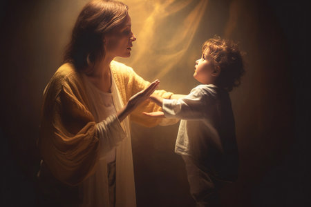 A strong, reliable woman, a mother, protects a frightened little child from threat, danger. Header banner mockup with copy space.の素材