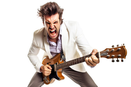 Close-up of an artist musician plays the guitar, sings loudly, screams emotionally excitedly, white background isolate. Header banner mockup with copy space.の素材