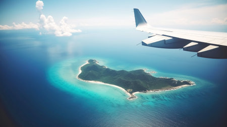Tourist plane liner flies over a tropical sea city in the morning sun. Exotic travel. Header banner mockup with copy space. AI generated.の素材