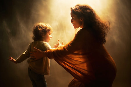 A strong, reliable woman, a mother, protects a frightened little child from threat, danger. Header banner mockup with copy space.の素材