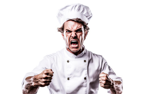 Angry male professional chef in service uniform, white background isolate. Header banner mockup with copy space.の素材