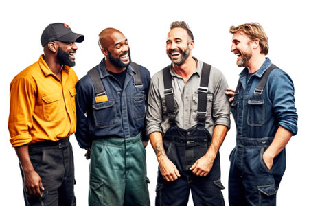 Close up group of people car mechanic smiling, successful service, white background isolate auto repair shop. Header banner mockup with copy space.の素材