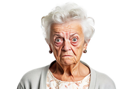 Elderly woman grandmother screams in angry anger, aggressively disappointed, white background isolate. Grumpy negative emotion.の素材