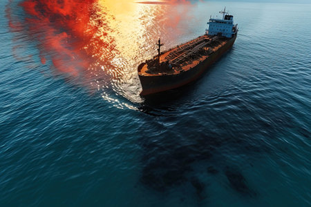 Ecological disaster, oil spill in ocean near tanker, top view. Commercial delivery. Water transport. AI generated.の素材