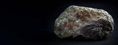 Bismutit is a rare precious natural geological stone eremite on a black background in low key. Fashionable jewelry elegant decoration. AI generated. Header banner mockup with space.の素材
