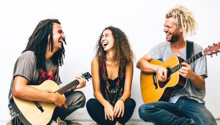 Close-up of a group of smiling musicians playing musical instruments, white background isolate. Header banner mockup with copy space.の素材