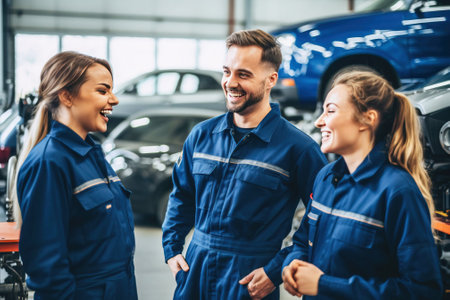Close up group of people car mechanic smiling, successful service, white background isolate auto repair shop. Header banner mockup with copy space.の素材