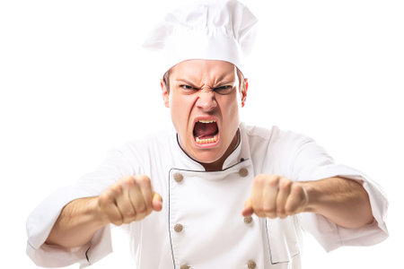 Angry male professional chef in service uniform, white background isolate. Header banner mockup with copy space.の素材