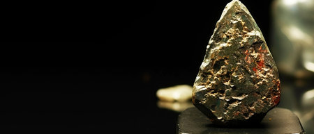 Auricupride is a rare precious natural geological stone eremite on a black background in low key. Fashionable jewelry elegant decoration. AI generated. Header banner mockup with space.の素材