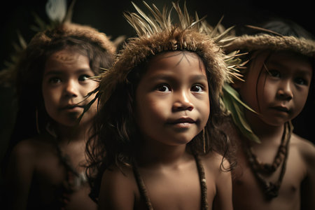 group of teenage children of island Asian race and gender sit in row in national clothes, black background isolate.の素材