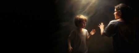 A strong, reliable woman, a mother, protects a frightened little child from threat, danger. Header banner mockup with copy space.の素材