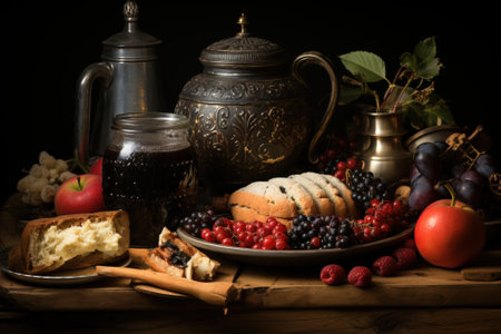Exotic fruits artful metal dishes in oriental style dark light, black background. Header banner mockup with copy space.の素材