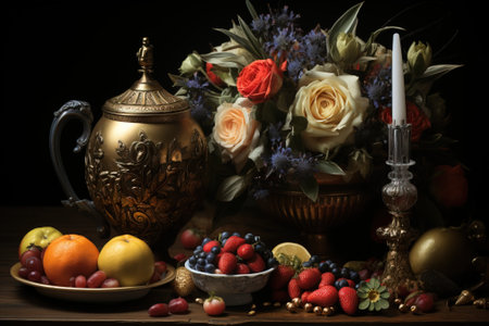 Exotic fruits artful metal dishes in oriental style dark light, black background. Header banner mockup with copy space.の素材