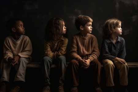 A group of teenage children of different races and genders sit in a row, black background isolate. Header banner mockup with copy space.の素材