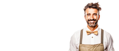 Close-up of a smiling man salesman in uniform, on a white background. Header banner mockup with copy space.の素材