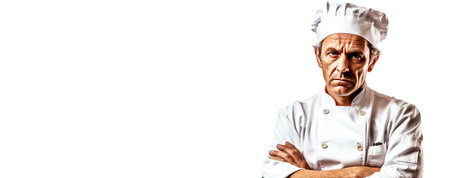 Angry male professional chef in service uniform, white background isolate. Header banner mockup with copy space.の素材