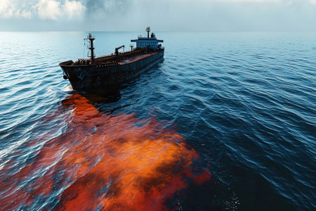 Ecological disaster, oil spill in ocean near tanker, top view. Commercial delivery. Water transport. AI generated.の素材