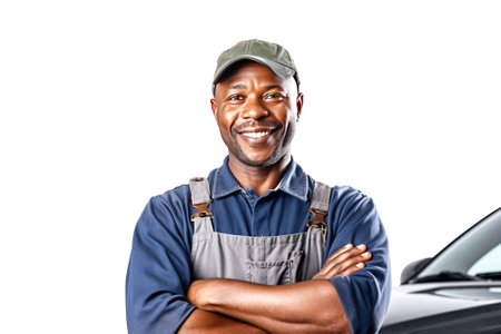 Close up of male car mechanic smiling, successful service, white background isolate. Header banner mockup with copy space.の素材