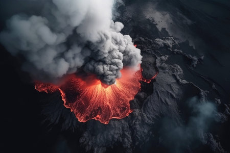 Foto de Volcano mountain eruption with smoke and fiery lava, top view. Natural disaster, environmental pollution. - Imagen libre de derechos