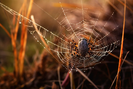 Beautiful patterned web with sun rays close up with spider, background blurred natural nature. Seeing the world of insects in natural conditions, macro photography.の素材