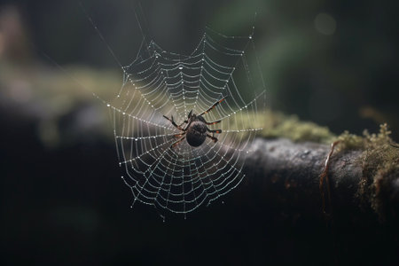 Beautiful patterned web with sun rays close up with spider, background blurred natural nature. Seeing the world of insects in natural conditions, macro photography.の素材
