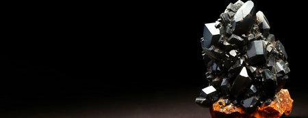 Aheylite is a rare precious natural geological stone eremite on a black background in low key. Fashionable jewelry elegant decoration. AI generated. Header banner mockup with space.の素材