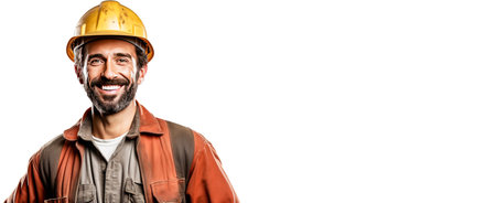 Close-up of successful smiling oil producer worker in uniform, isolate white background. Header banner mockup with copy space.の素材