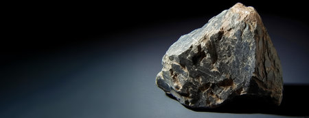 Euxenite-Y is a rare precious natural geological stone eremite on a black background in low key. Fashionable jewelry elegant decoration. AI generated. Header banner mockup with space.の素材