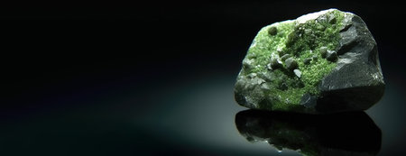 Duftite is a rare precious natural geological stone eremite on a black background in low key. Fashionable jewelry elegant decoration. AI generated. Header banner mockup with space.の素材