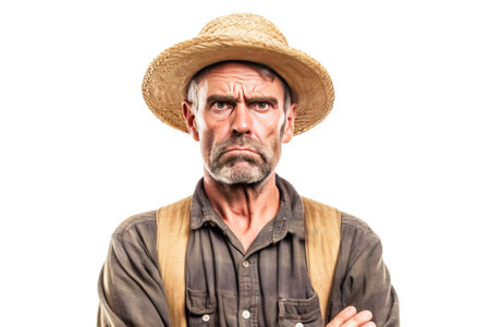 Excited irritated angry male farmer in work clothes, white background isolate. Header banner mockup with copy space.の素材