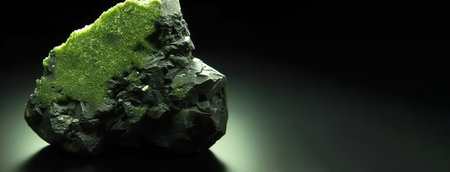 Duftite is a rare precious natural geological stone eremite on a black background in low key. Fashionable jewelry elegant decoration. AI generated. Header banner mockup with space.の素材