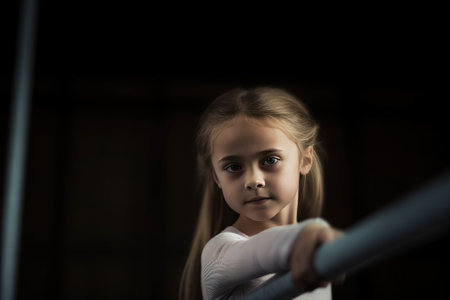 Girl child in a gymnast costume doing a sports exercise in the gym, black background isolate. Header banner mockup with copy space.の素材