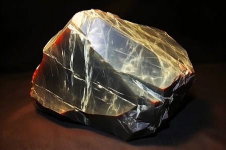 Andesine is a rare precious natural geological stone eremite on a black background in low key. Fashionable jewelry elegant decoration. AI generated. Header banner mockup with space.の素材