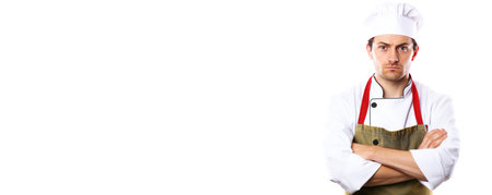 Angry male professional chef in service uniform, white background isolate. Header banner mockup with copy space.の素材