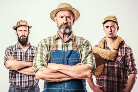 Group of irritated, angry male farmer in work clothes, white background isolate. Header banner mockup with copy space.の素材