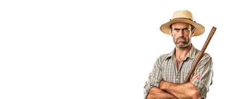 Excited irritated angry male farmer in work clothes, white background isolate. Header banner mockup with copy space.の素材
