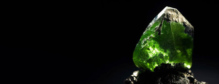 Fluor-uvite is rare precious natural geological stone eremite on black background in low key. Fashionable jewelry elegant decoration. AI generated. Header banner mockup with space.の素材
