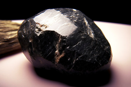 Gahnite is rare precious natural geological stone eremite on black background in low key. Fashionable jewelry elegant decoration. AI generated. Header banner mockup with space.の素材