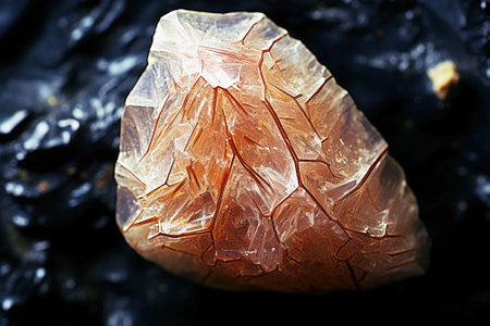 Raslakite is a rare precious natural geological stone eremite on a black background in low key. Fashionable jewelry elegant decoration. AI generated.の素材
