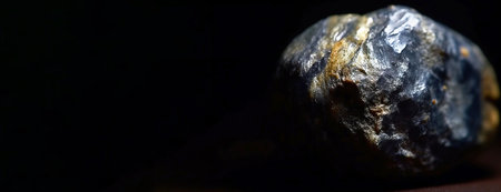 Brockite is a rare precious natural geological stone eremite on a black background in low key. Fashionable jewelry elegant decoration. AI generated. Header banner mockup with space.の素材