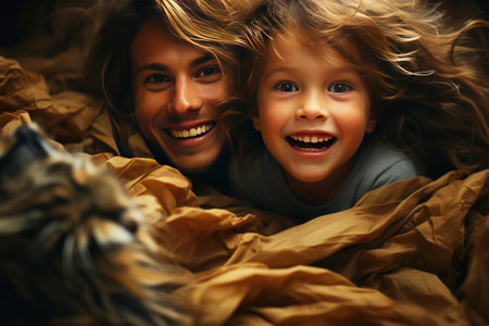 Cheerful children, sisters, brothers play and jump on the bed in the bedroom. Family happiness, traditional values.の素材