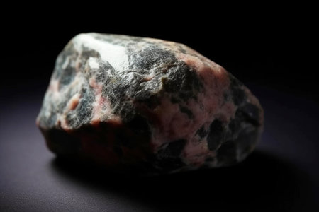 Eveite is a rare precious natural geological stone eremite on a black background in low key. Fashionable jewelry elegant decoration. AI generated. Header banner mockup with space.の素材
